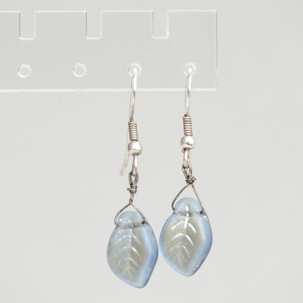 blue frosted glass leaf earrings marked 925‎ sterling silver